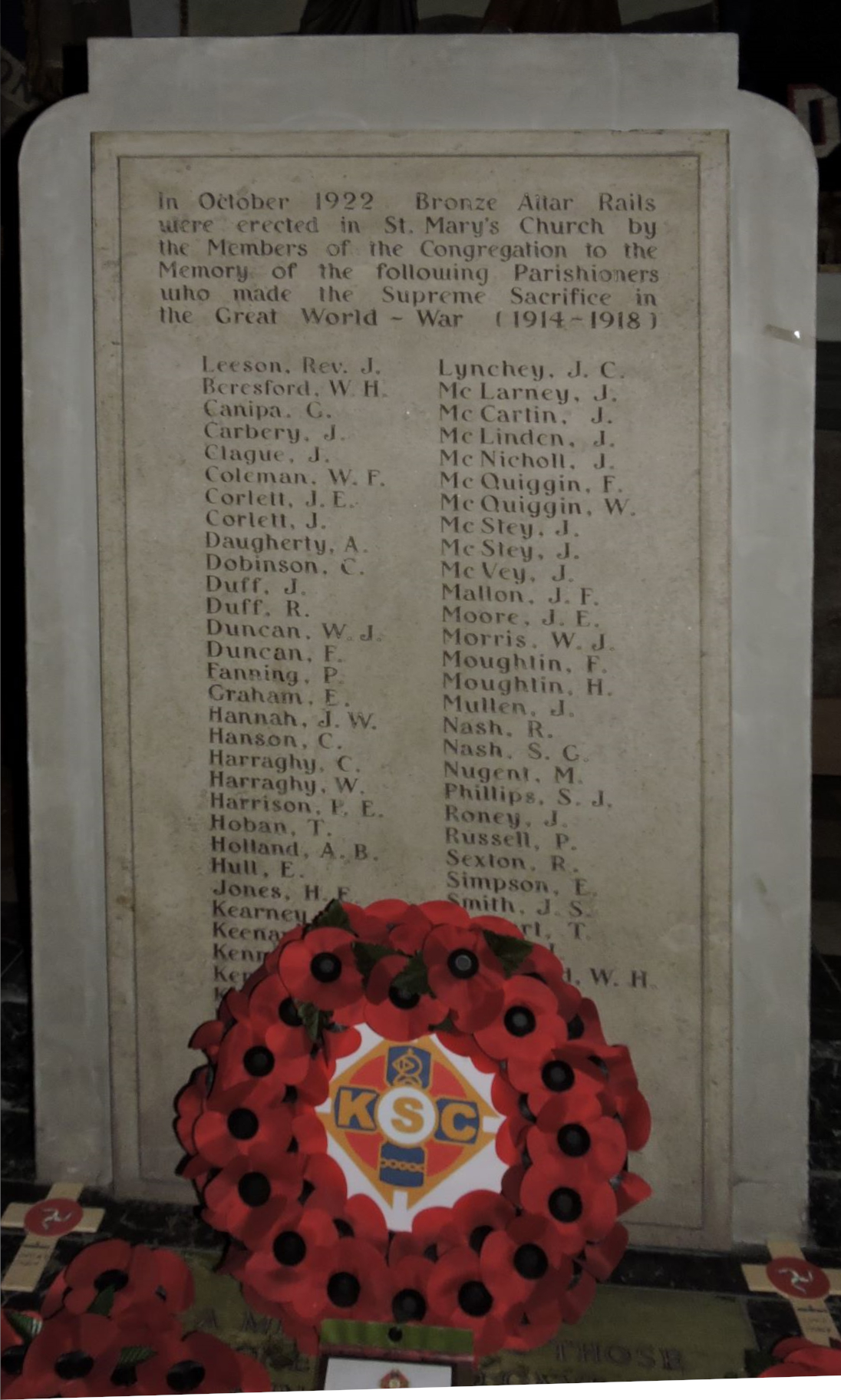 St Mary S Roman Catholic Church War Memorial Douglas Altar Rail Ww1 War Memorials Online